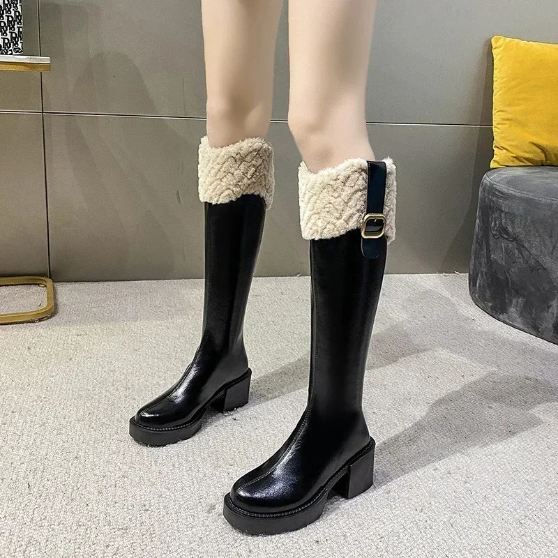 Winter Knee High Brown Long Comfort Square Heel Zip Belt Buckle Platform Boots for Women Plush Edge Warm Gothic Shoes 241030