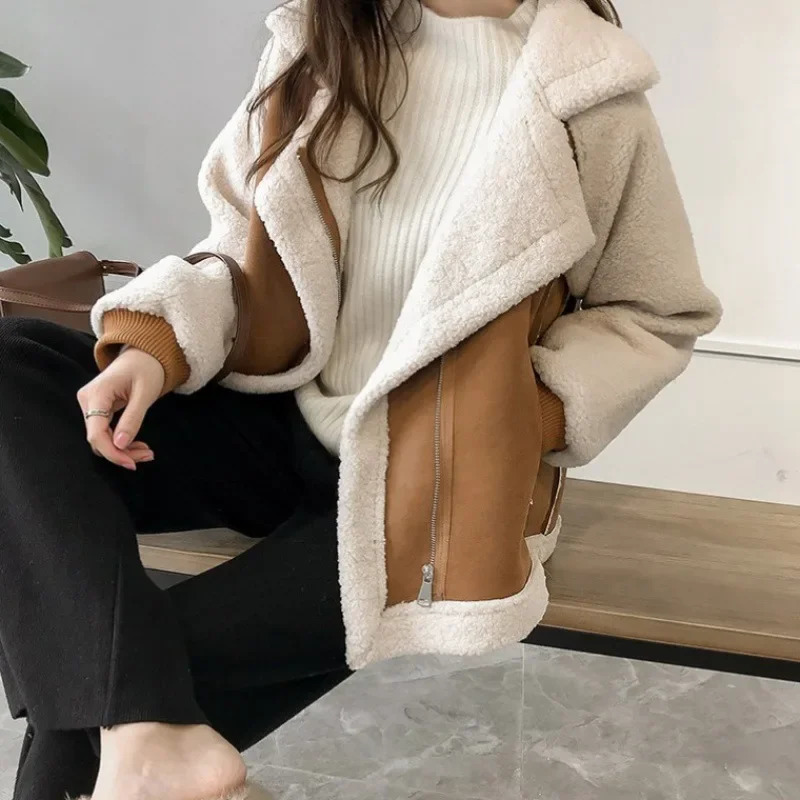 Versatile Tweed Style Jacket 2024 Womens Loose Fit Integrated Chamois Leather Fleece Cropped Sheep Fleece Motorcycle Jacket 241031