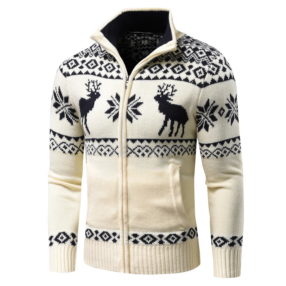 Men Autumn Casual Jacquard Christmas Pattern Zip Sweater Cardigan Jacket Winter Long Sleeve Mock Neck Pullover 241031