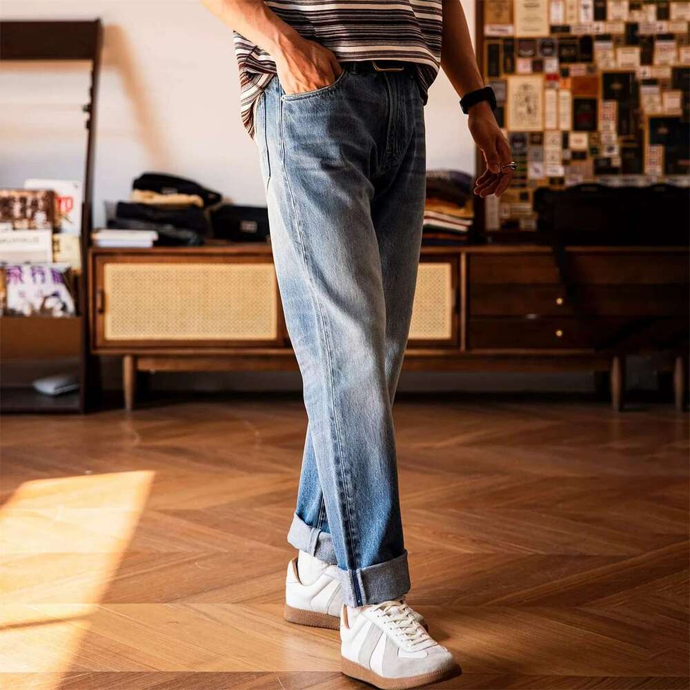 Red Tornado 14Oz Vintage Wash Jeans For Men Slim Straight Leg Designer Denim Pants