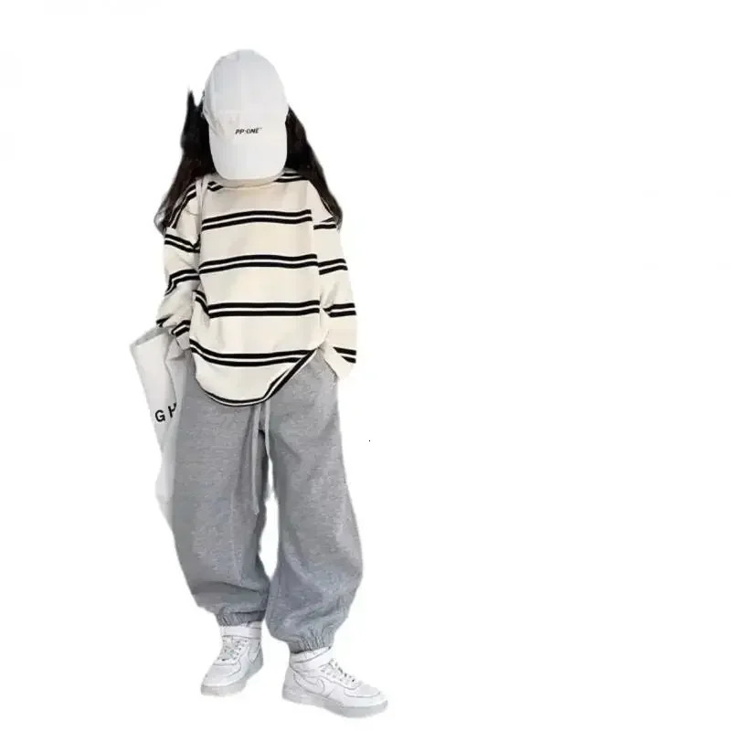 Korea Style Simple Kids Clothes Girl 2Pcs Set Clothing Long Sleeve StripedLoose Pant Outfits for Teen 6 8 10 12 14Y 241030