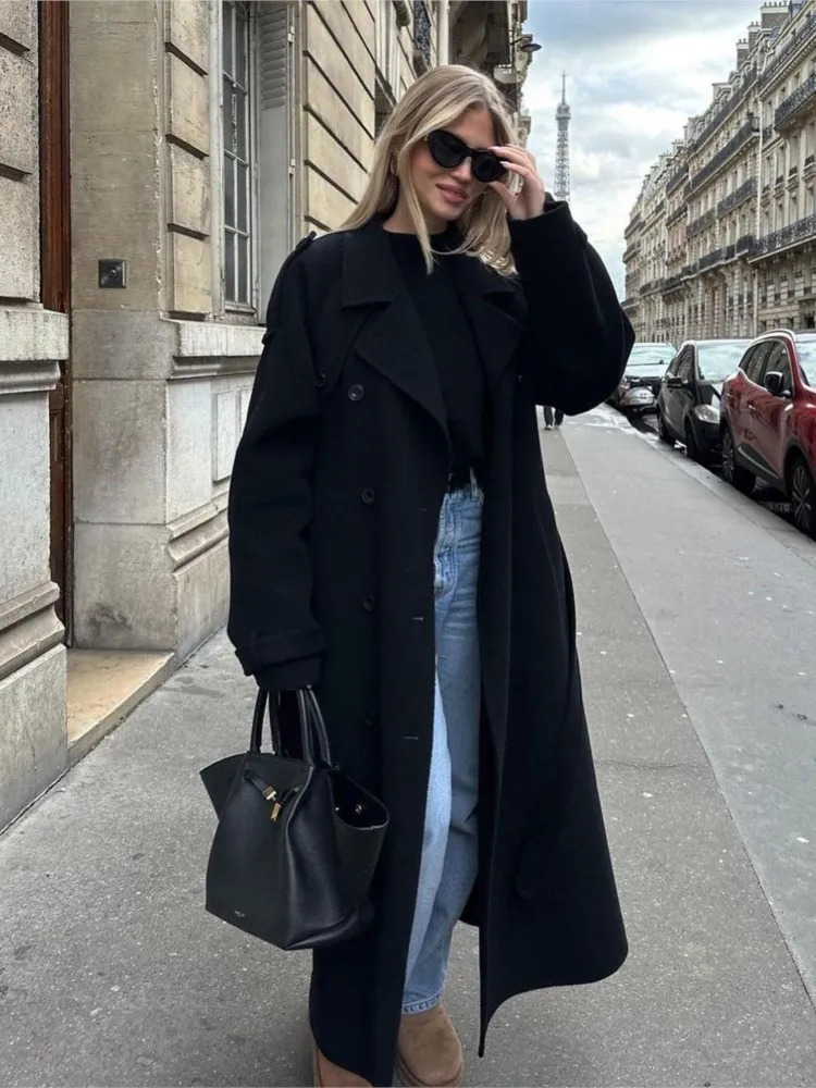 Suit collar long wool coat with belt black French coat wool coat womens winter double-sided coarse woolen coat 241030