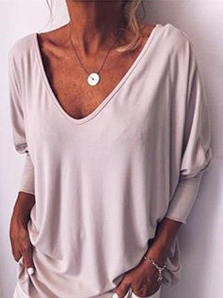 Designer Women's New Bat V-neck Three quarter Sleeve Back Button T-shirt Loose Top 309