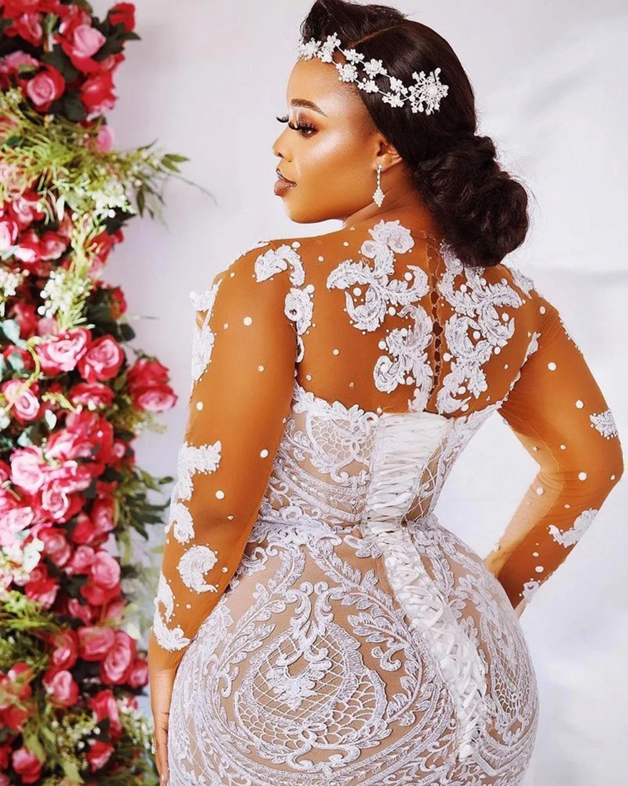 Aso Ebi Lace Mermaid Wedding Dresses Sheer Jewel Neck Illusion Long Sleeves Appliques Beads Bridal Gown Corset Back Plus Size robe de BC