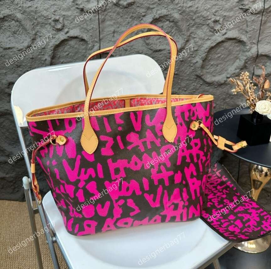 10A New luxury womens designer bags graffiti tote bag lady brand pink letters printed shoulder Bag genuine Leather handbags purse high quality