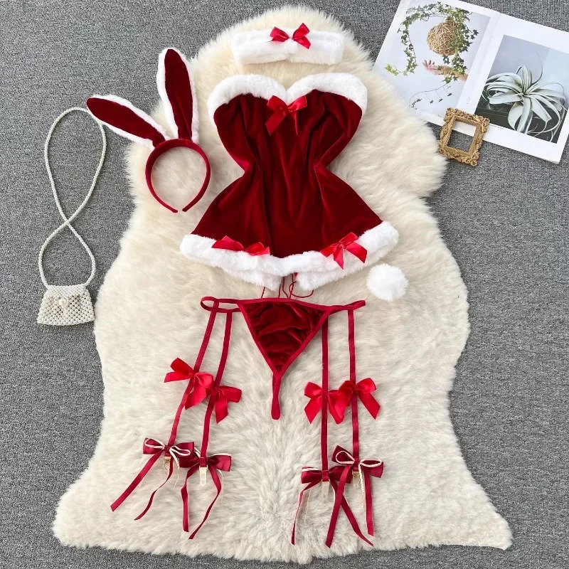 Sweet Bunny Christmas Lingerie Women Sexy Nightgowns Soft Velvet Off Shoulder Cute Rabbit Dress Lenceria Sexys Para Mujer Fina 241031