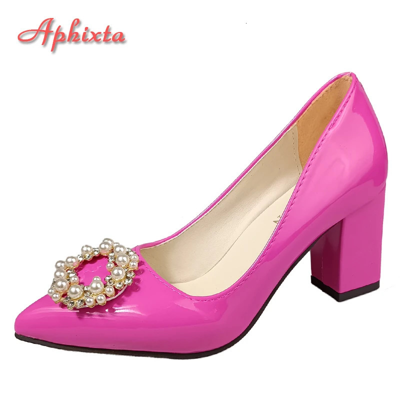 Aphixta 7cm Square Heel Baby Pink Pearl Crystals Buckle Patent Leather Women Pumps Officile Pointed Toe Shoes Big Size 50 241030