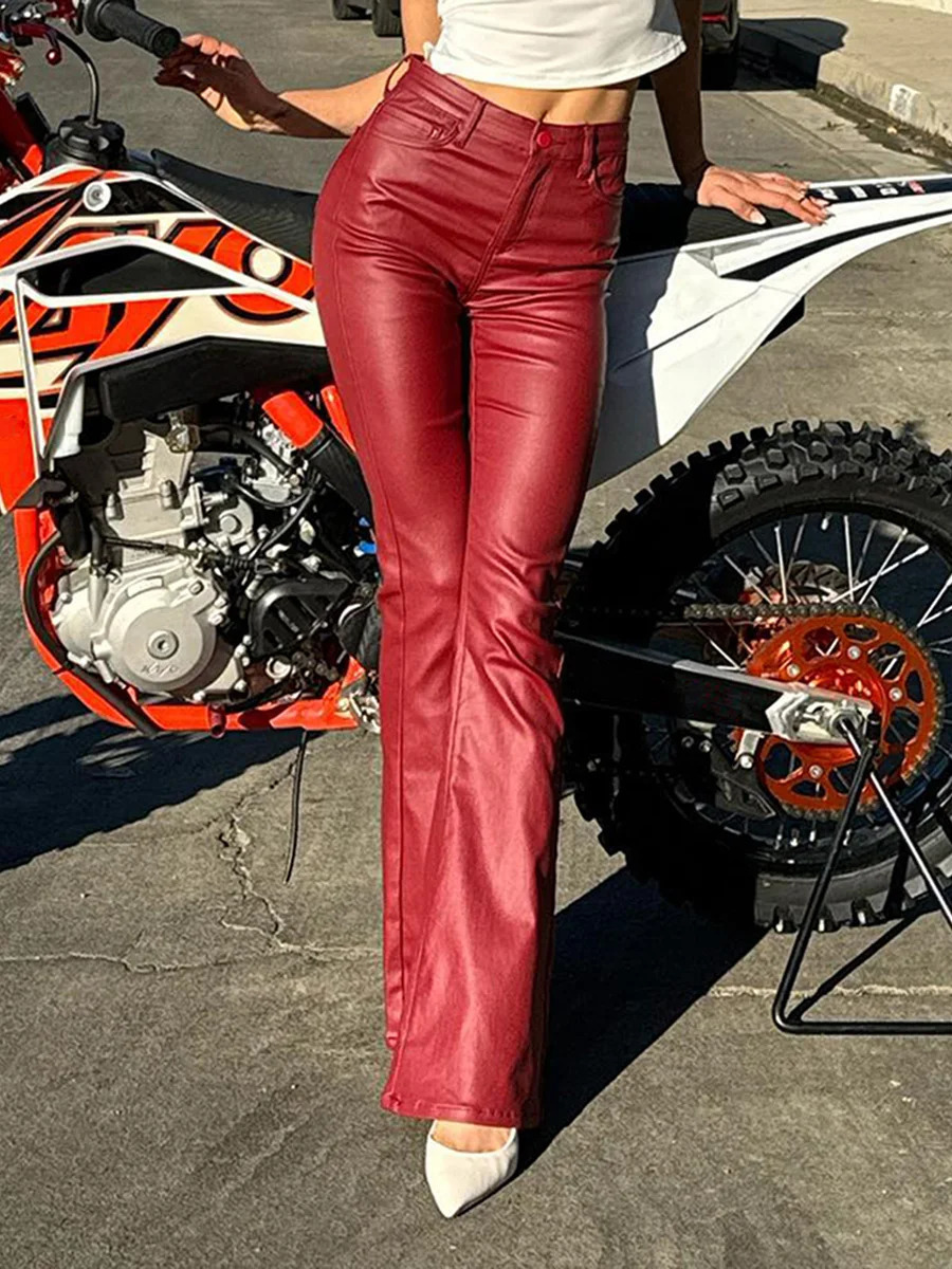 Women PU Leather Long Pants Solid Color High Waist Bell Bottom Trousers for Party Fashion Streetwear 241031