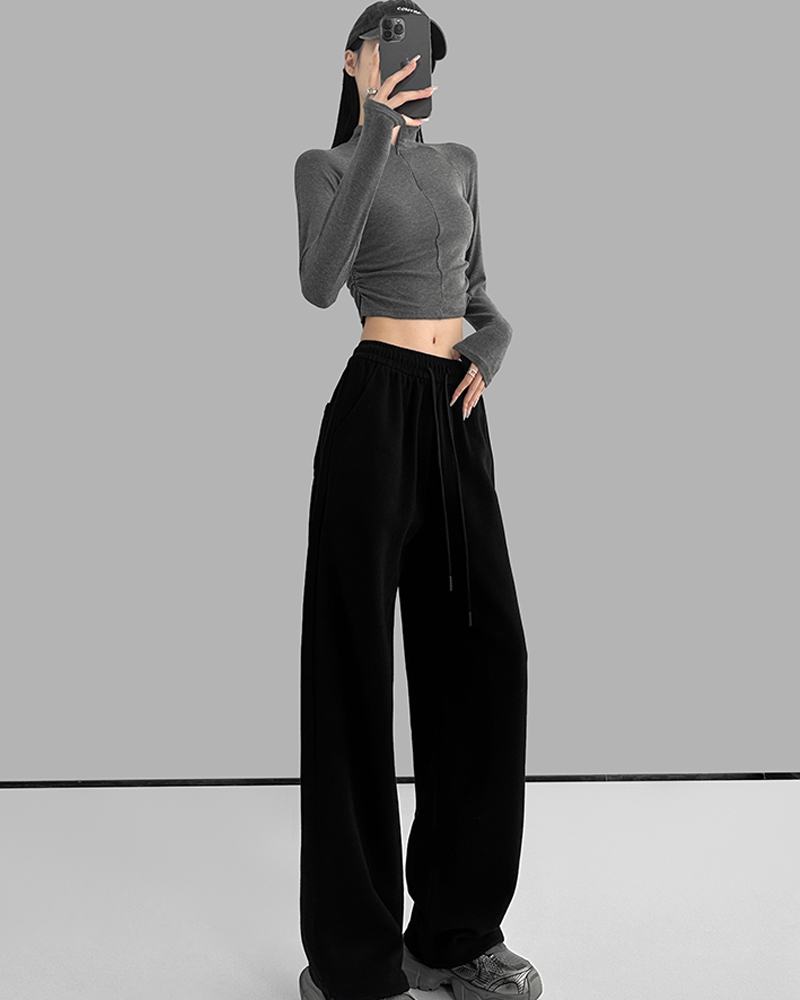 Solid colour sweatpants women's spring and autumn thin section loose thin casual versatile drawstring sweatpants drawstring wide-leg trousers