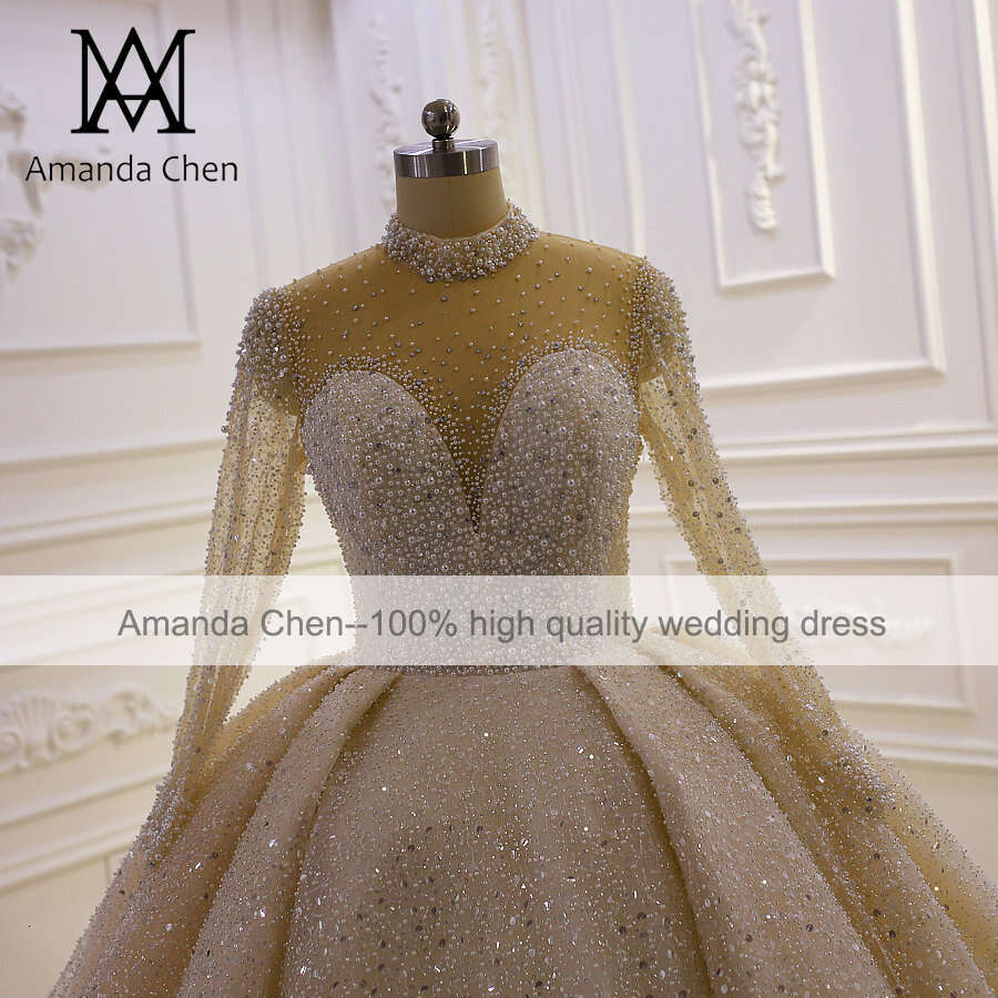 mariage High Neck Long Sleeve Handwork Crystal Pearls Wedding Dress