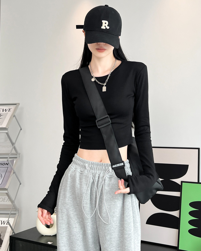Dynamic girls in Europe and the United States Slim sexy long-sleeved T-shirt female round neck pullover sleeves ins open high waist short paragraph bl