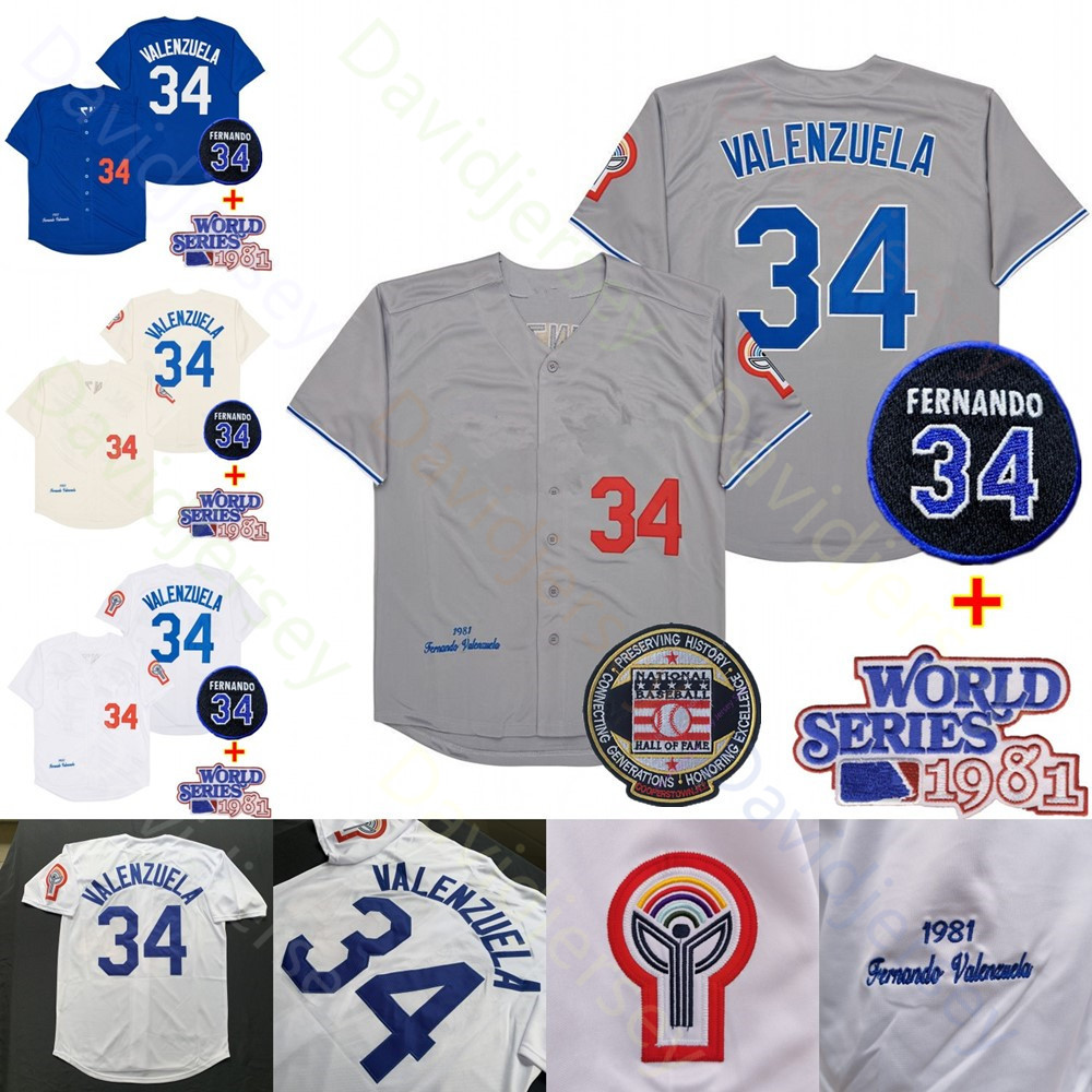 Fernando Valenzuela Jersey 2024 Blue Grey Cream WS Hall Of Fame 34 Patch White Size S-3XL