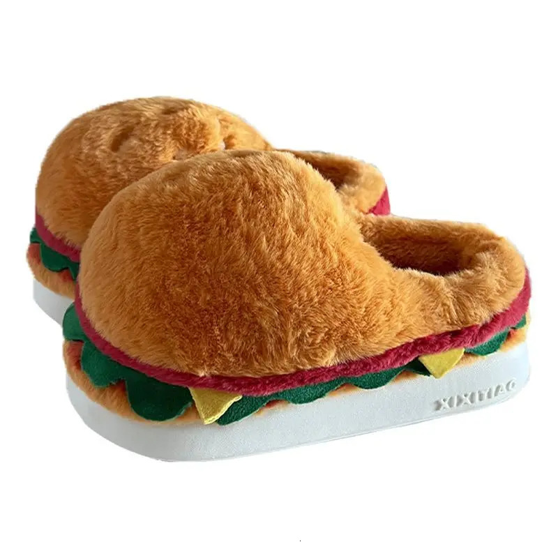 fun hamburger slippers women man winter fluffy room warm shoes fur slides fuzzy indoor half shoes Easter bread slipper 44 45 241031