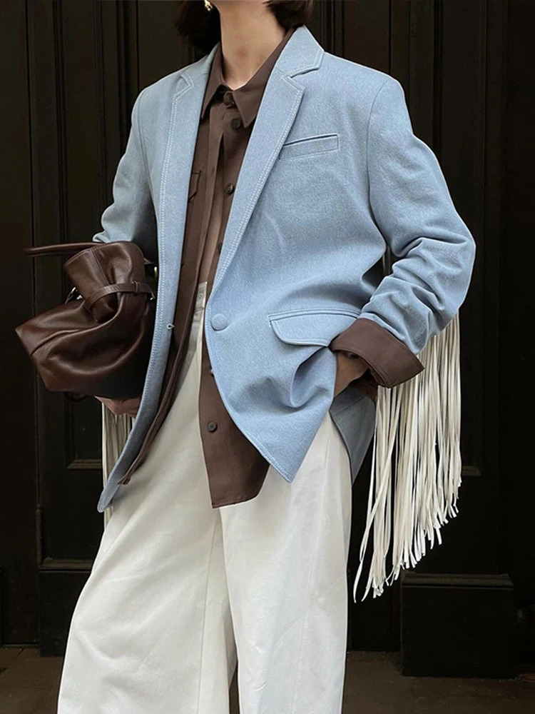 Tassel Denim Suits Jacket Flip Collar Single Button Commute Elegant Loose Casual Vintage Street Fringe Suit Top Women 241031