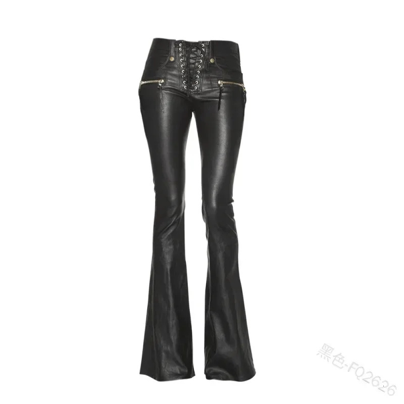 Women Leather Pants Punk Rock Sexy Bandage Motorcycle Leather Pants Tight High-waist Lace Up Bodycon Flare Trousers 241031