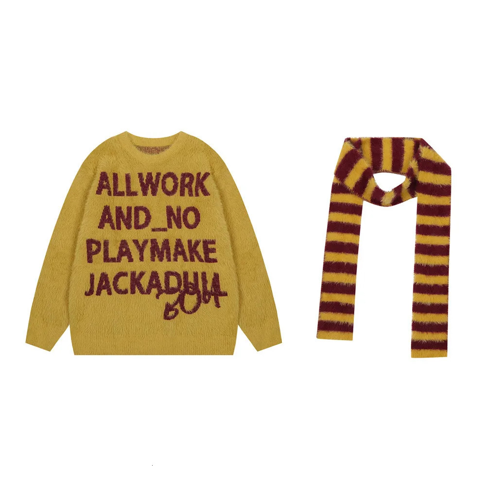 Autumn and Winter Thick Mink Letter Jacquard Round Neck Sweater with Scarf Mens Trendy Mohair Casual Knitted 241031
