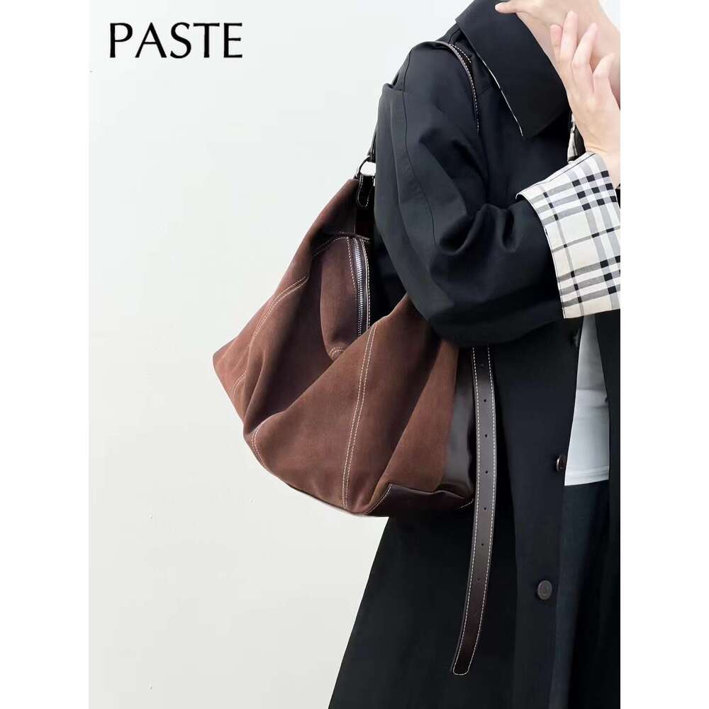 New Vintage Fringe Design Large Winter Tote Oil-Wax Patchwork Suede Leather Women Handbag High-End Underarm Shoulder Bag