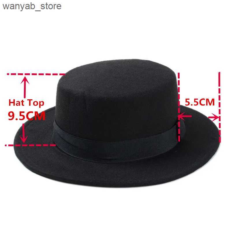 Stingy Brim Hats New Fashion Wool Pork Pie Boater Flat Top Hat For Womens Mens Felt Wide Brim Fedora Gambler Hat L240910