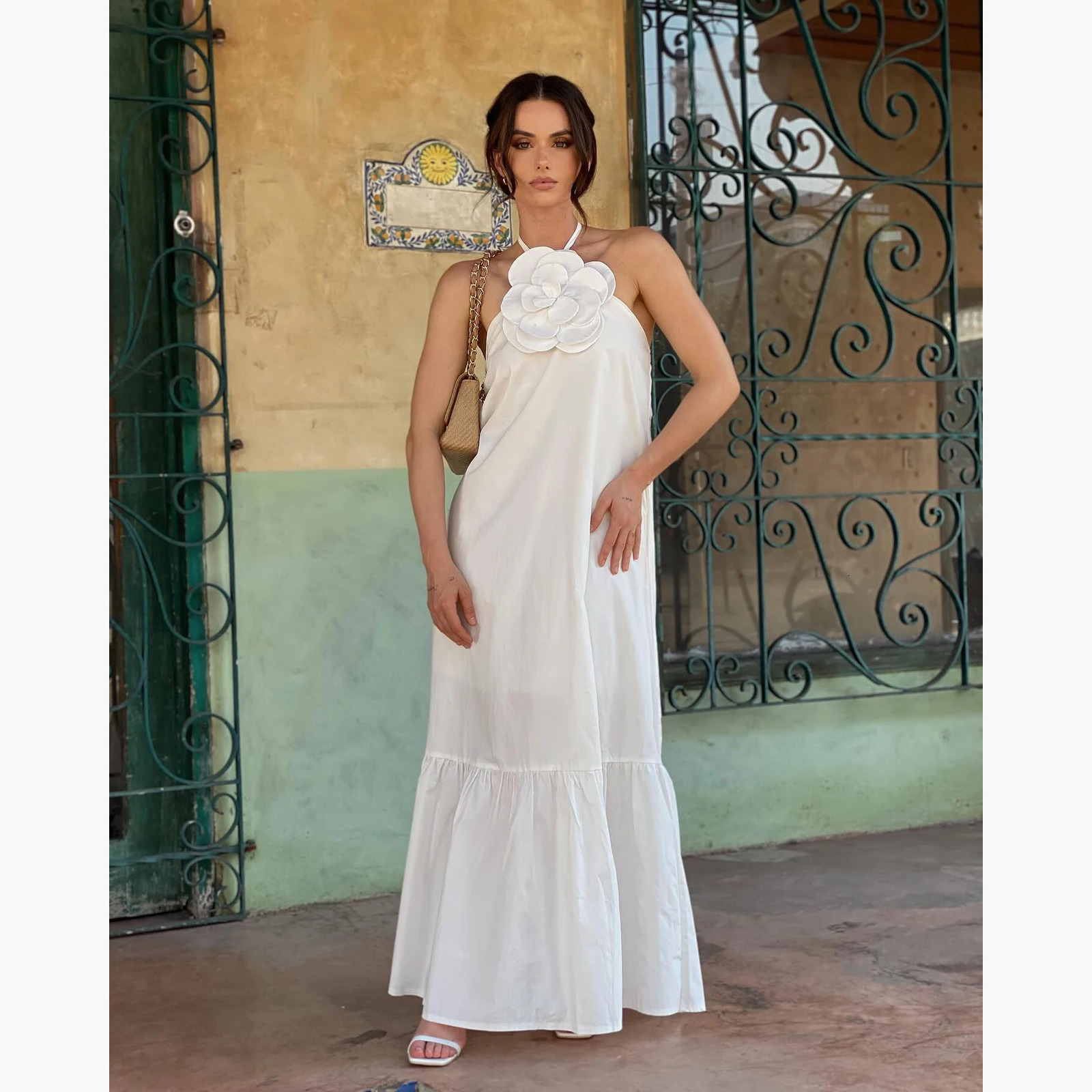 Ashgaily 2024 White Dress Women Halter Cotton Long Dress Lace Elegant Party Outfits Ladies Sexy Club Clothes 241030