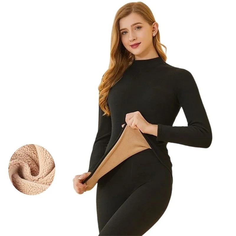 2Pcs Winter Lingeries Women Long Pants Thermal Underwear Sets Thick Intimate Set Fleece Long-Sleeved Undershirts Large Size 241031