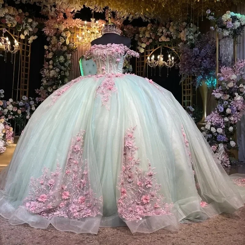 Mexican Light Mint Green Princess Quinceanera Dresses Ball Gown Pink 3D wers Appliques Lace Beading Tull Corset Sweet 16 Dress Vestidos De 15 Anos