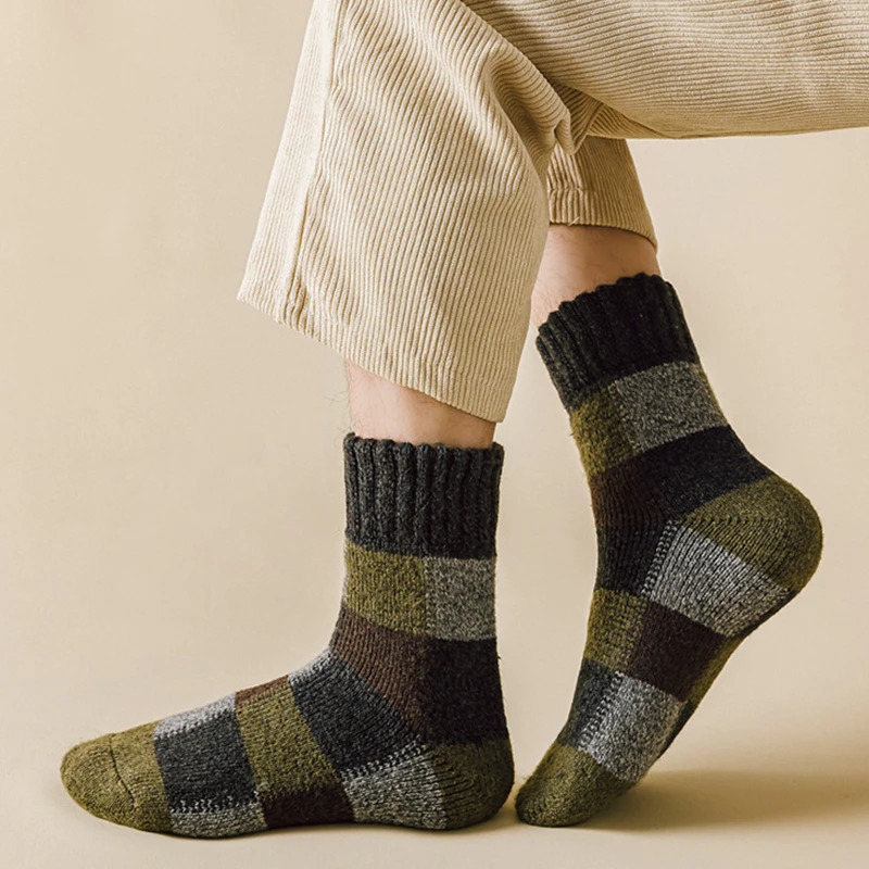 5pairs Winter Mens Warm Thermal Colorblock Thick Wool Socks Warm Colorblock Soft Comfortable Plush Snow Floor Sock High Quality 241031