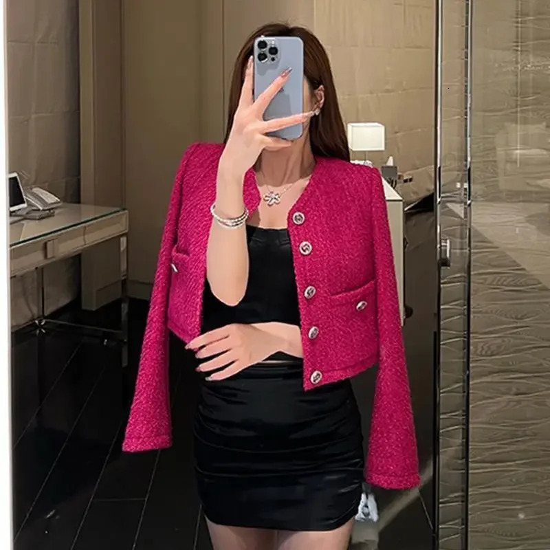KUSAHIKI Tweed Autumn Single Breasted Weave Fashion Short Coat Women Elegant Jacket O-neck Long Sleeve Cardigan Tops 241031
