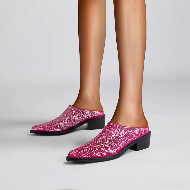 2024 Mules Baotou Pointed Thick Heel Medium Heel Rhinestone Large Womens Slippers Half Slippers Women Shoes for Women 241031