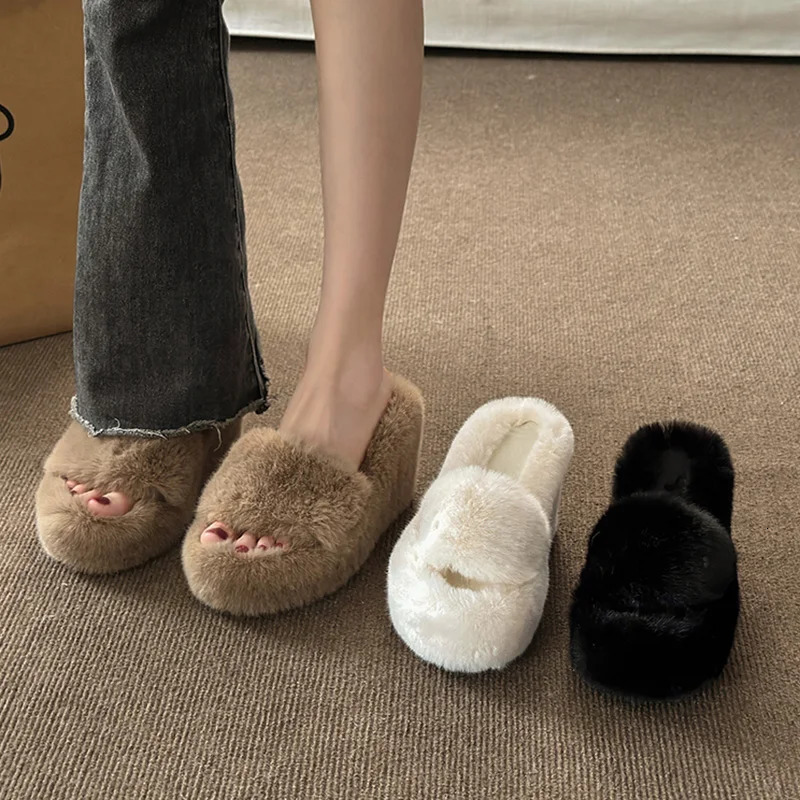 Autumn and winter wedding fluffy slider for women home fur slider for women thick platform slider comfortable fuzzy indoor shoes 241031