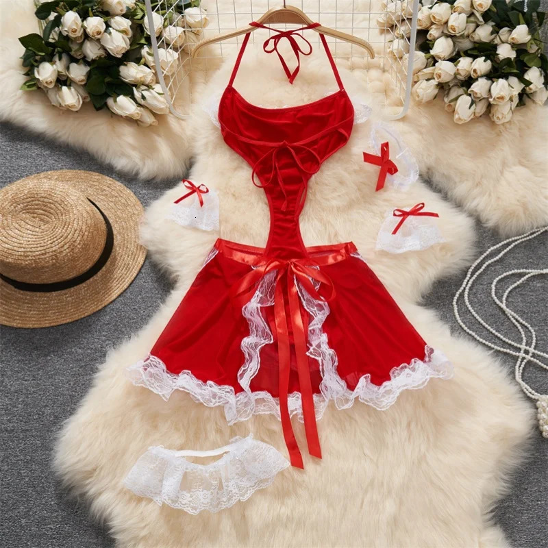 Sexy Lingerie Lace-up Top Cosplay Maid Uniform Bodysuit Set Mini Skirt Patchwork Lace Edge Backless Jumsuit Hollow Women Suits 241031