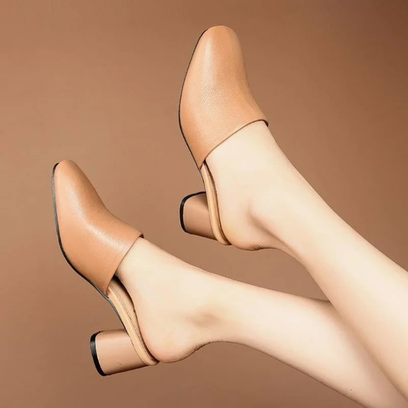 Baotou Half Slippers Women Summer Outer Wear Fashion Solid Color Square Toe Thick Heel High-heeled Womens Slides Pantuflas 241031