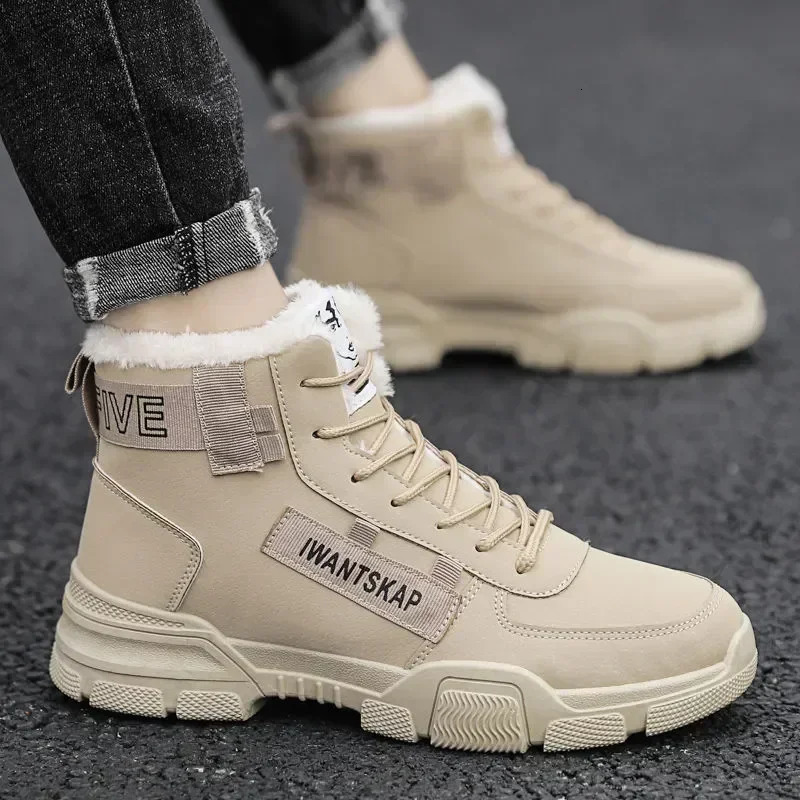 Ankle boots mens snow boots winter warm lace mens shoes fashionable Flock plus winter boots mens shoes plus size khaki PU517 241031