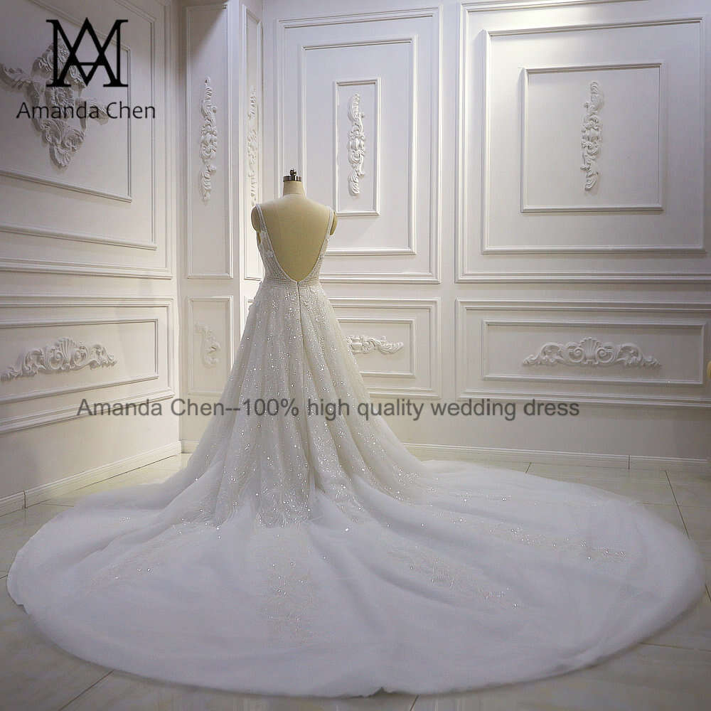 robe de soiree Cap Sleeve Beading Long Train Sheer Backless Wedding Dress