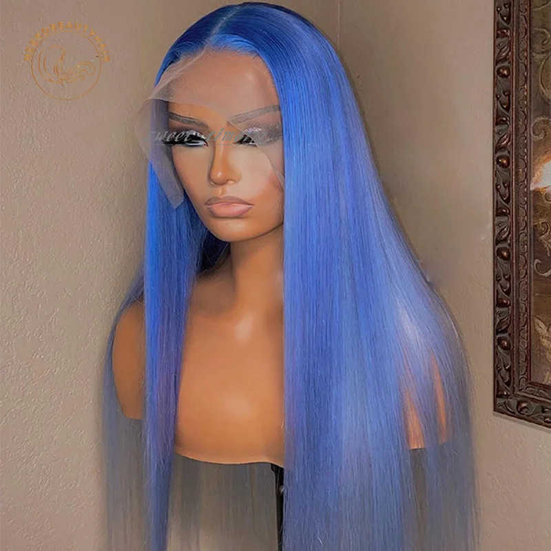 Brazilian Blue Color Straight Lace Front Wig Colored Blue Human Hair Wigs for Women Remy Preplucked Synthetic Lace Closure Wigs