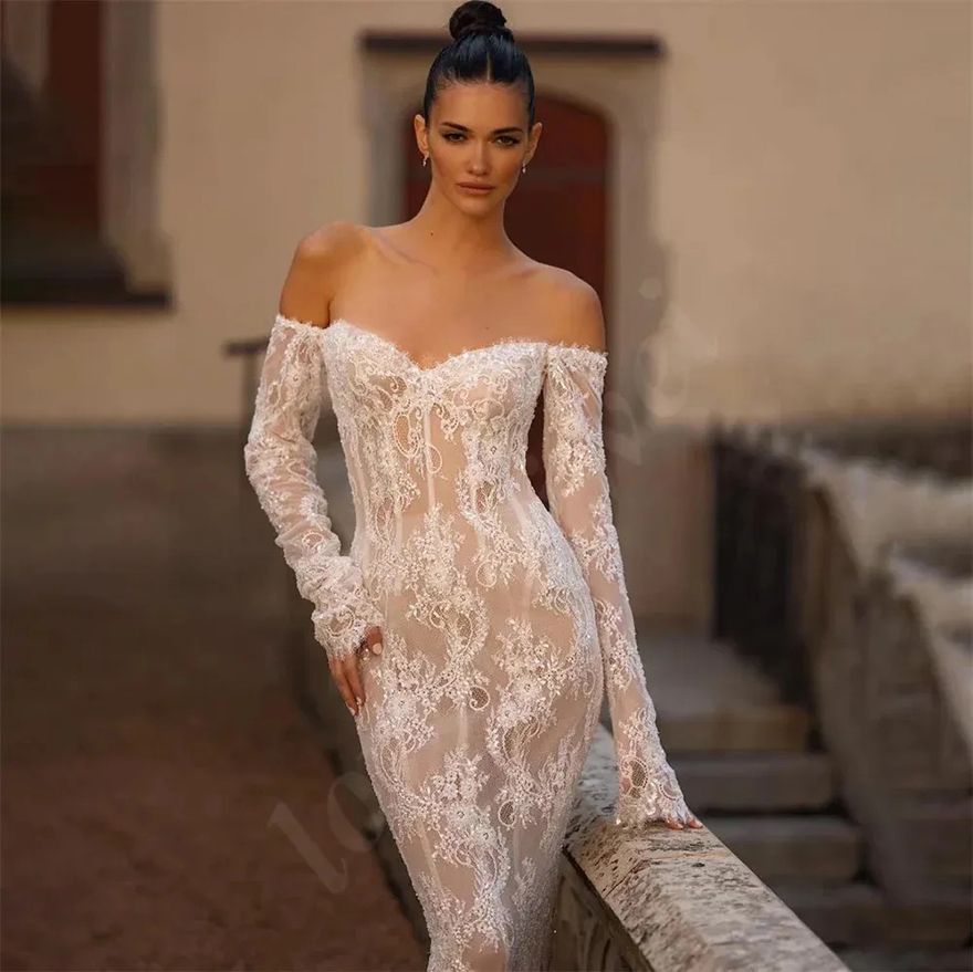 Sexy Backless Lace Mermaid Wedding Dresses Off The Shoulder Long Sleeves Bridal Gowns Illusion Champagne Lining Charming Bride Dress 2024 Summer