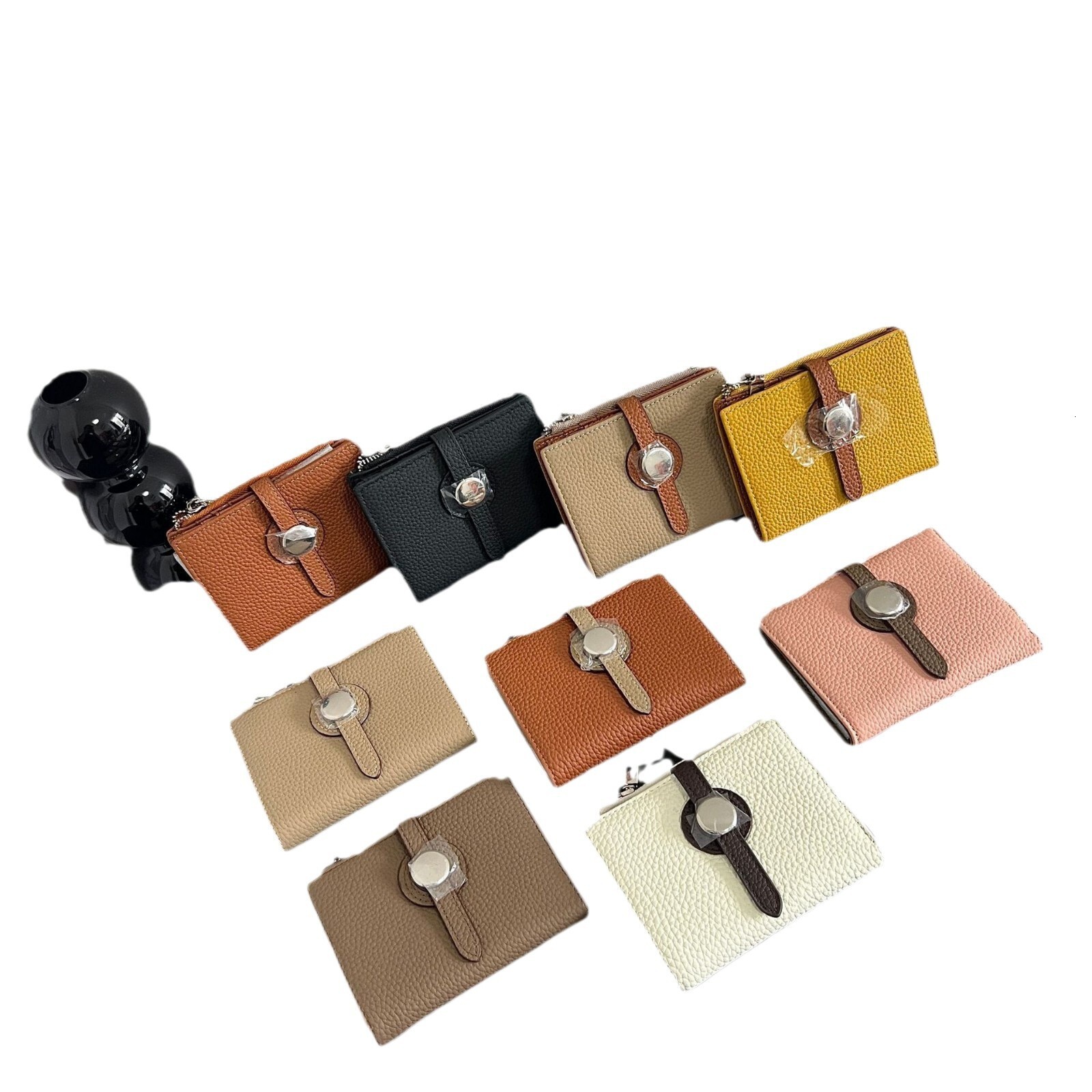 First layer cowhide double fold short wallet with women's drawstring design, contrasting and color blocking zipper wallet, folded coin purse