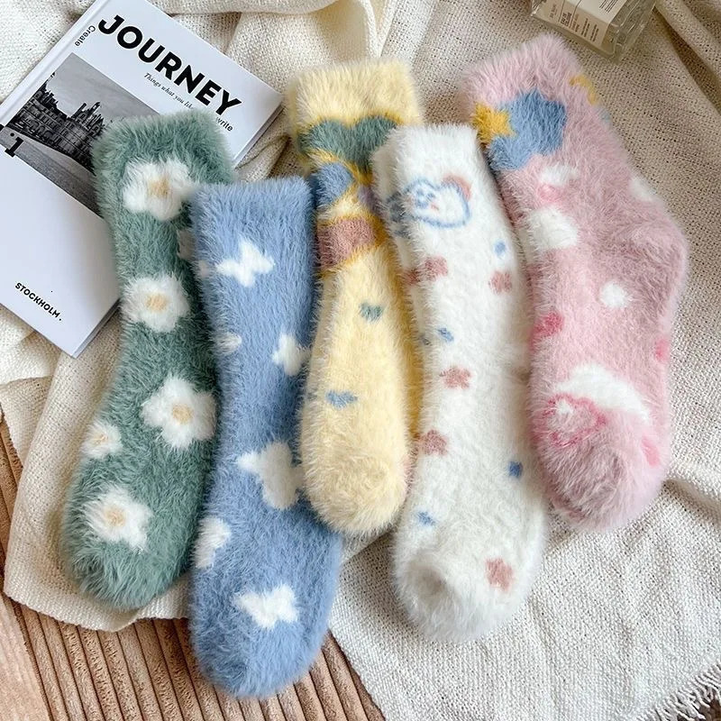 Japanese Kawaii Cute Socks Autumn Winter Thicken Warm Soft Plush Women Socks Coral Fleece Thermal Homewear Floor Sleeping Socks 241031