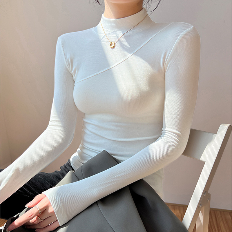 Designer selects elasticity cotton semi high neck base shirt women's T-shirt 2024 autumn winter new item, with tight fitting long sleeved and plu