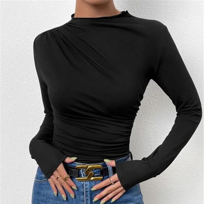 2024 Solid color slim fit bottom sweater with versatile pleated design, long sleeved T-shirt, women's top