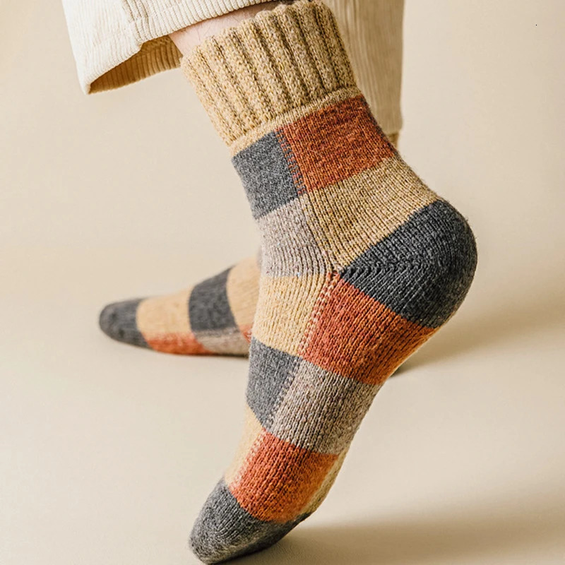 5pairs Winter Mens Warm Thermal Colorblock Thick Wool Socks Warm Colorblock Soft Comfortable Plush Snow Floor Sock High Quality 241031