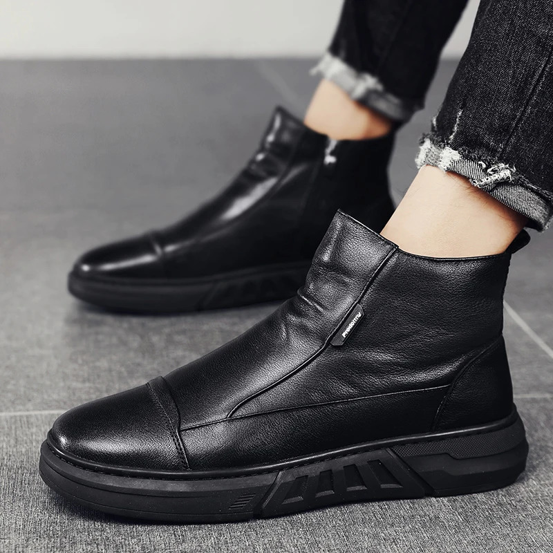 Winter high-quality mens leather boots with zipper fashionable plush warmth mens ankle boots soft soled mens casual boots platform work boots 241031