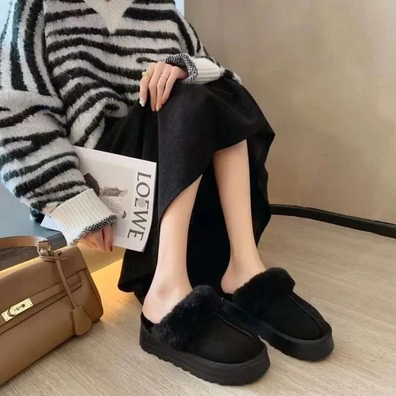 Snow Fur Slippers Female Wearing New Baotou Flat Half Drag Thick Sole Cotton Shoes Women Boots