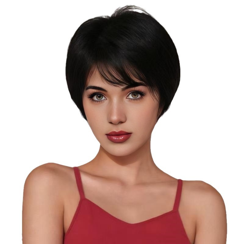 Fashion wig short straight hair side parted bangs synthetic fiber full headpiece wigs human hair