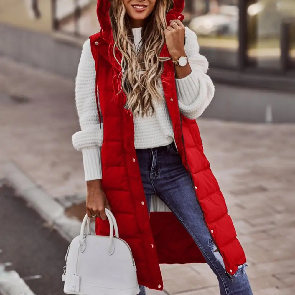 Women Winter Vest Coat Padded Sleeveless Hooded Women Coat Mid Length Slim Fit Zipper Hem Pockets Lady Long Winter Waistcoat 241031