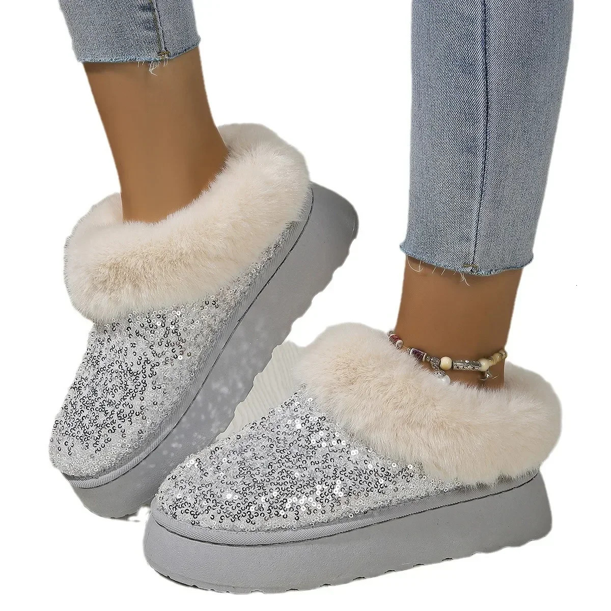 Ankle Snow Boots Womens Winter Shiny Fur Short Plush Warm Flat Slippers Platform Shoes Indoor Cotton Flip Cover 241031