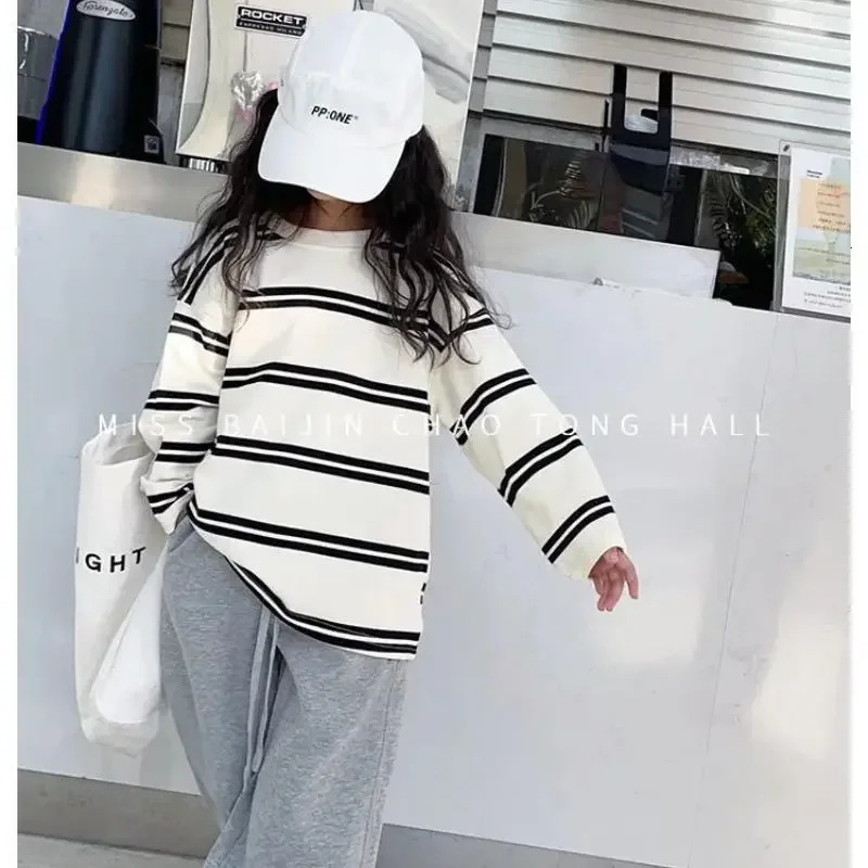 Korea Style Simple Kids Clothes Girl 2Pcs Set Clothing Long Sleeve StripedLoose Pant Outfits for Teen 6 8 10 12 14Y 241030
