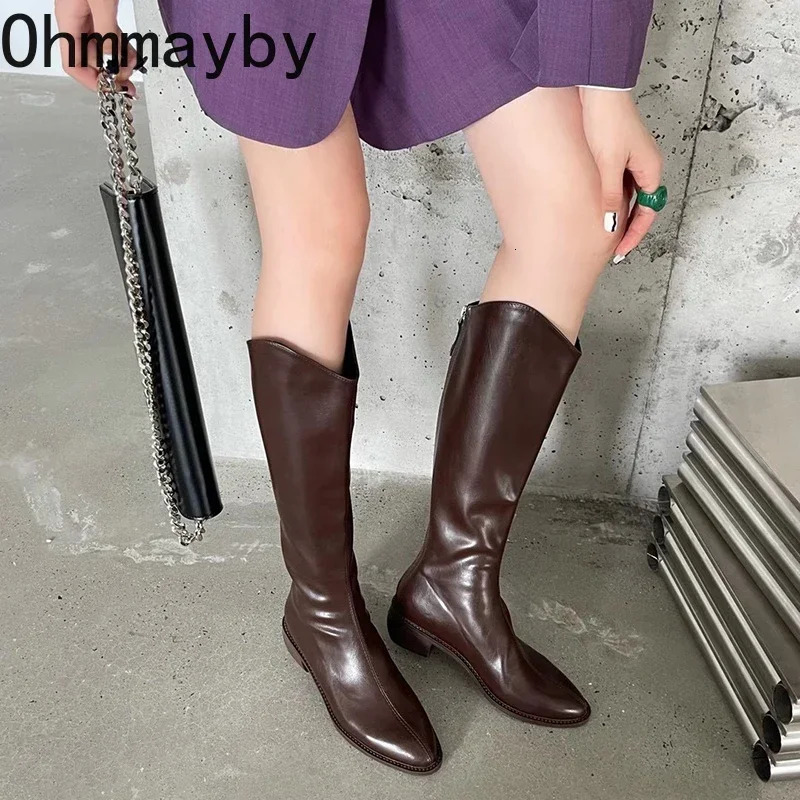 Women Knee High Boots Fashion Elegant Pointed Toe Side Zippers Shoes Square Heel Womens Western Cowgirl Booties 241030
