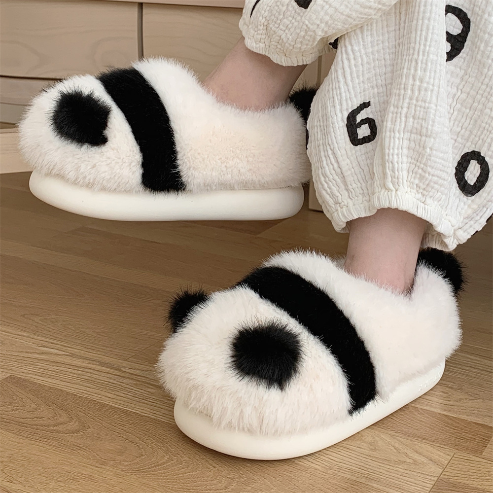 Soft cute Panda Family Slipper Women Girls Cute fluffy winter warm plush indoor flats Bedroom slide casual women's fur shoes