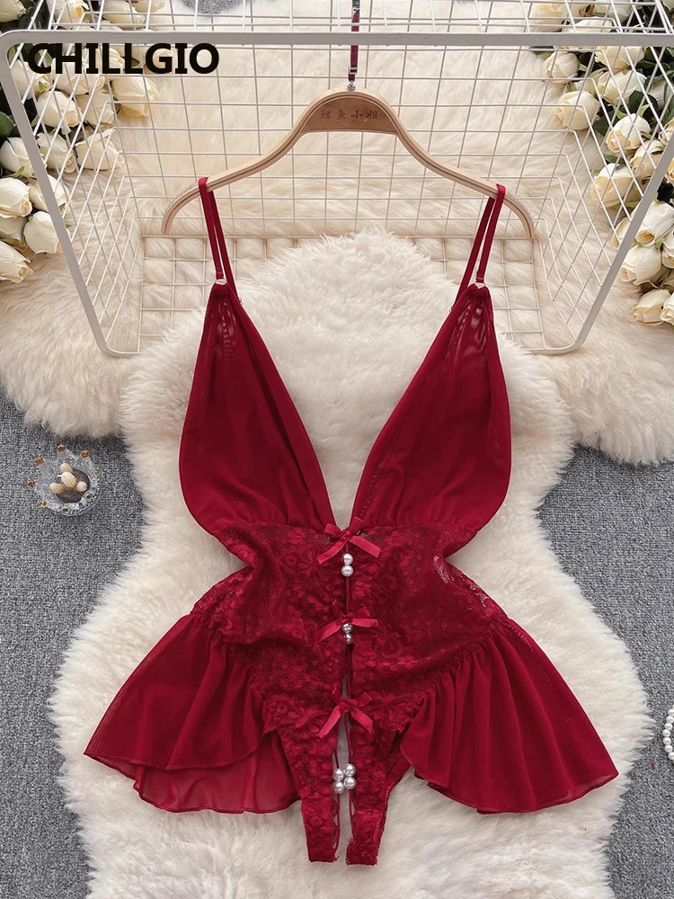 CHILLGIO Women Sexy Beaded Lace Strappy Bodysuit Fashion Tight Floral Combination Catsuit Sheer One Piece Erotic Backless Onesie 241031