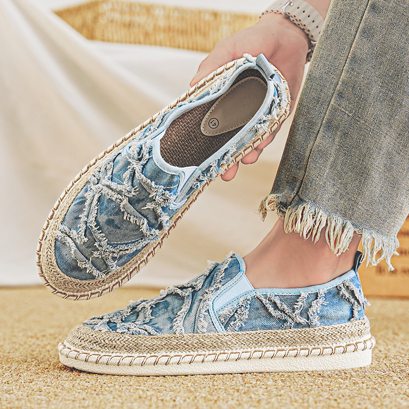 2024 New Black Loafers Fashion Handmade Flat Men Casual Canvas Shoes Breathable Fisherman Espadrilles Man Slip-on Shoe